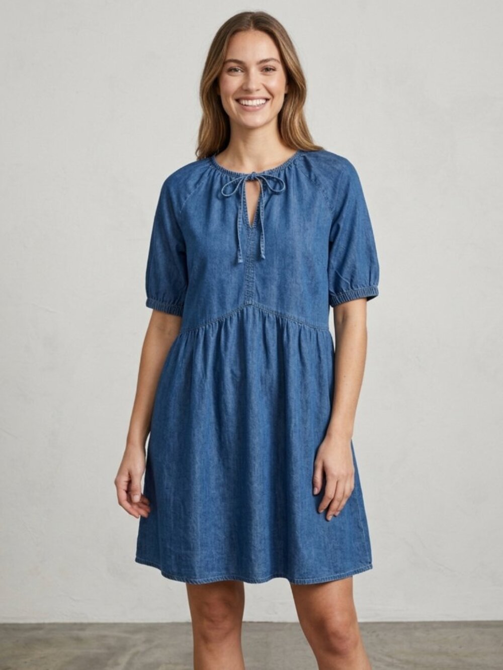 NWT Dokotoo Blue Denim Dress Tie Neck Short Puff Sleeve Lyocell Casual S